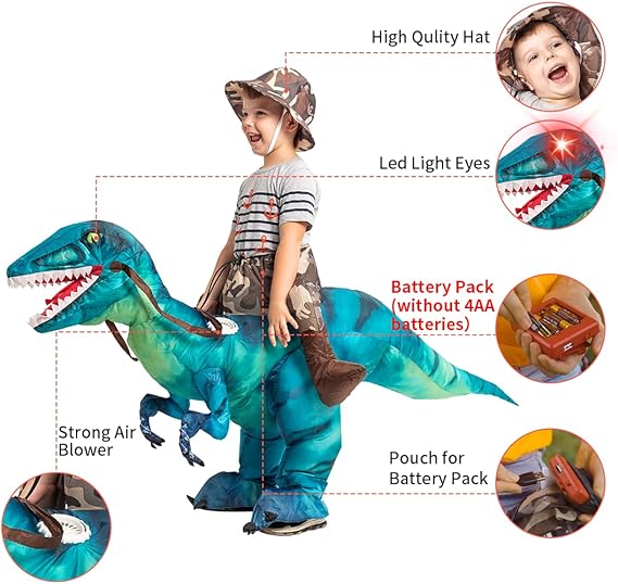GOOSH Inflatable Dinosaur Costume for Kids Halloween Costumes Boys Girls Funny Blow up Costume for Halloween Party Cosplay (Size 7-10Y)