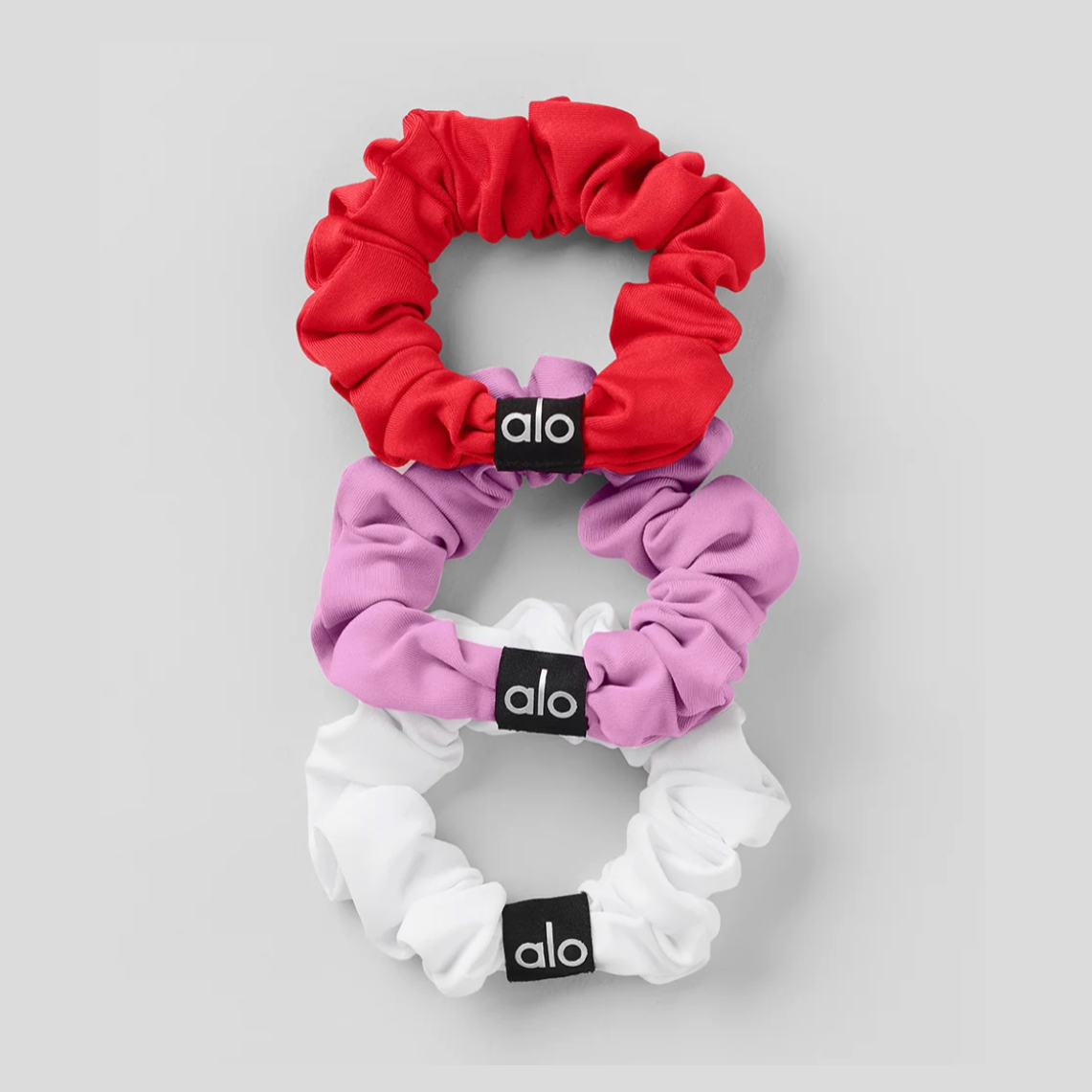 ALO Fresh Mini Scrunchie 3-Pack - Bright Red/Candy Heart Pink/White 