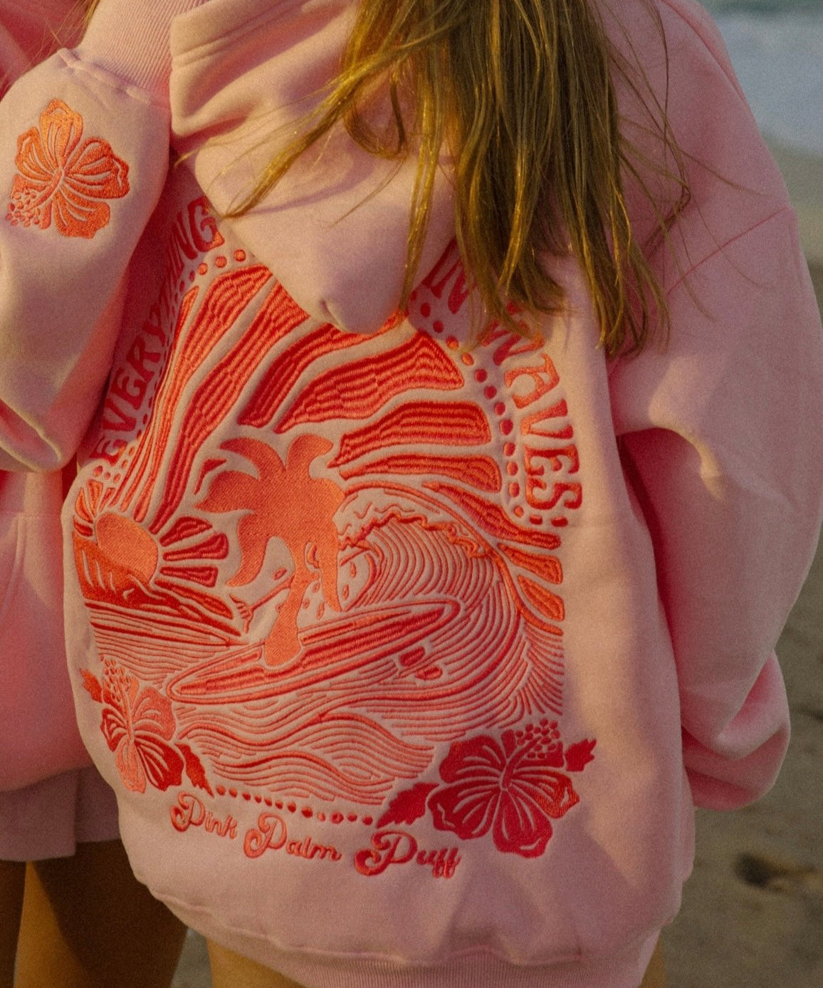 PINK PALM PUFF-"Everything Comes in Waves" Hoodie in Pink