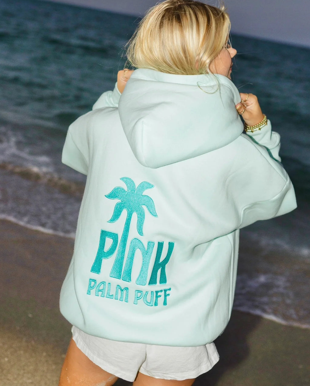 PINK PALM PUFF-Classic Puff Hoodie in Pink Mint Breeze