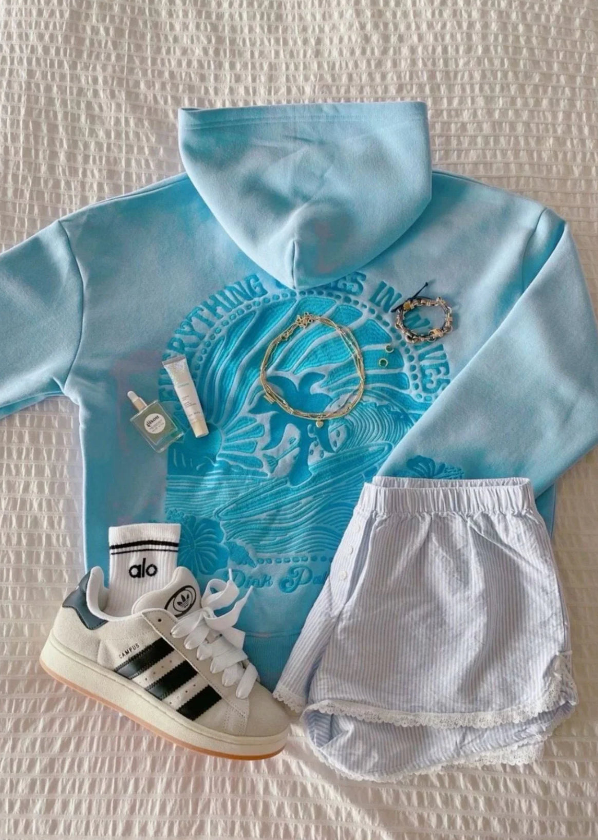 PINK PALM PUFF-"Everything Comes in Waves” Hoodie in Blue