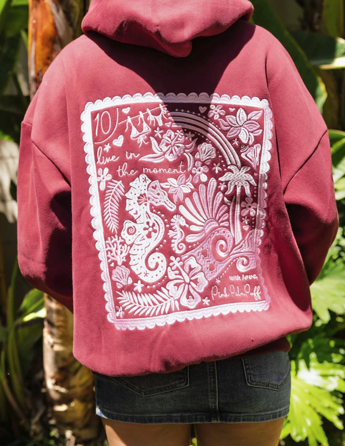 PINK PALM PUFF-"Live in the Moment" Hoodie in Cherry