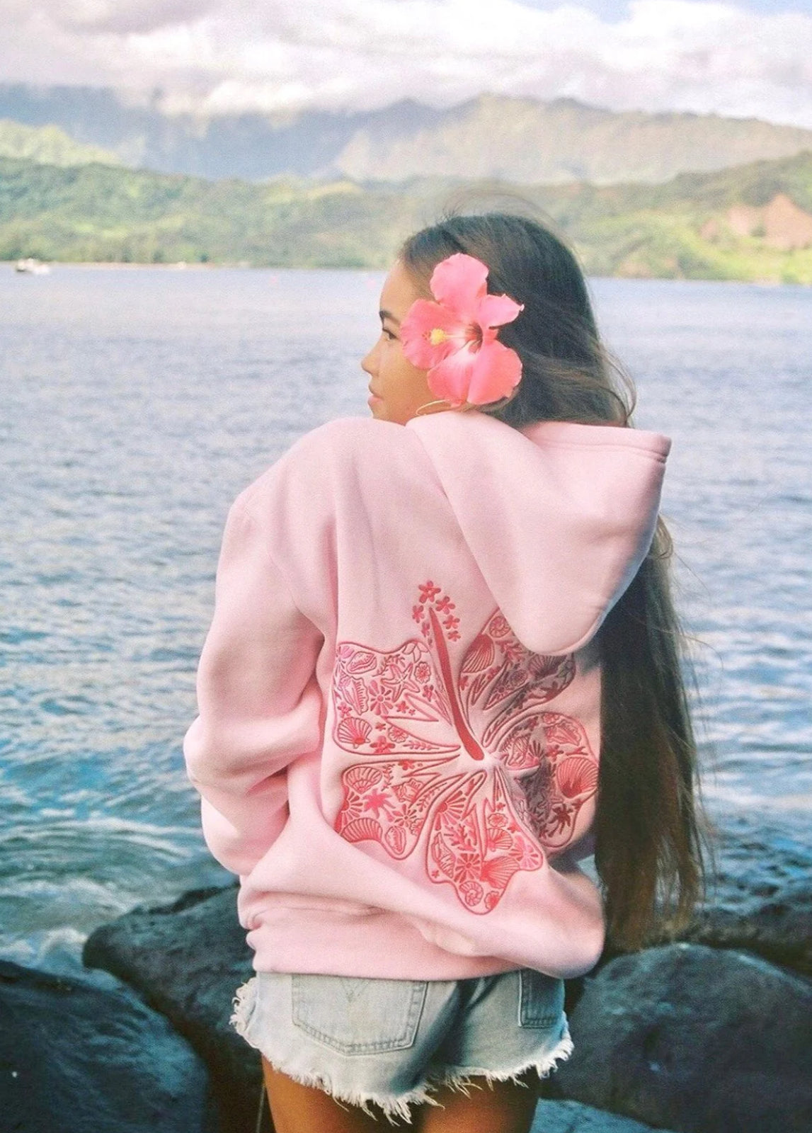 PINK PALM PUFF-"Hawaii Hibiscus" Hoodie in Blush