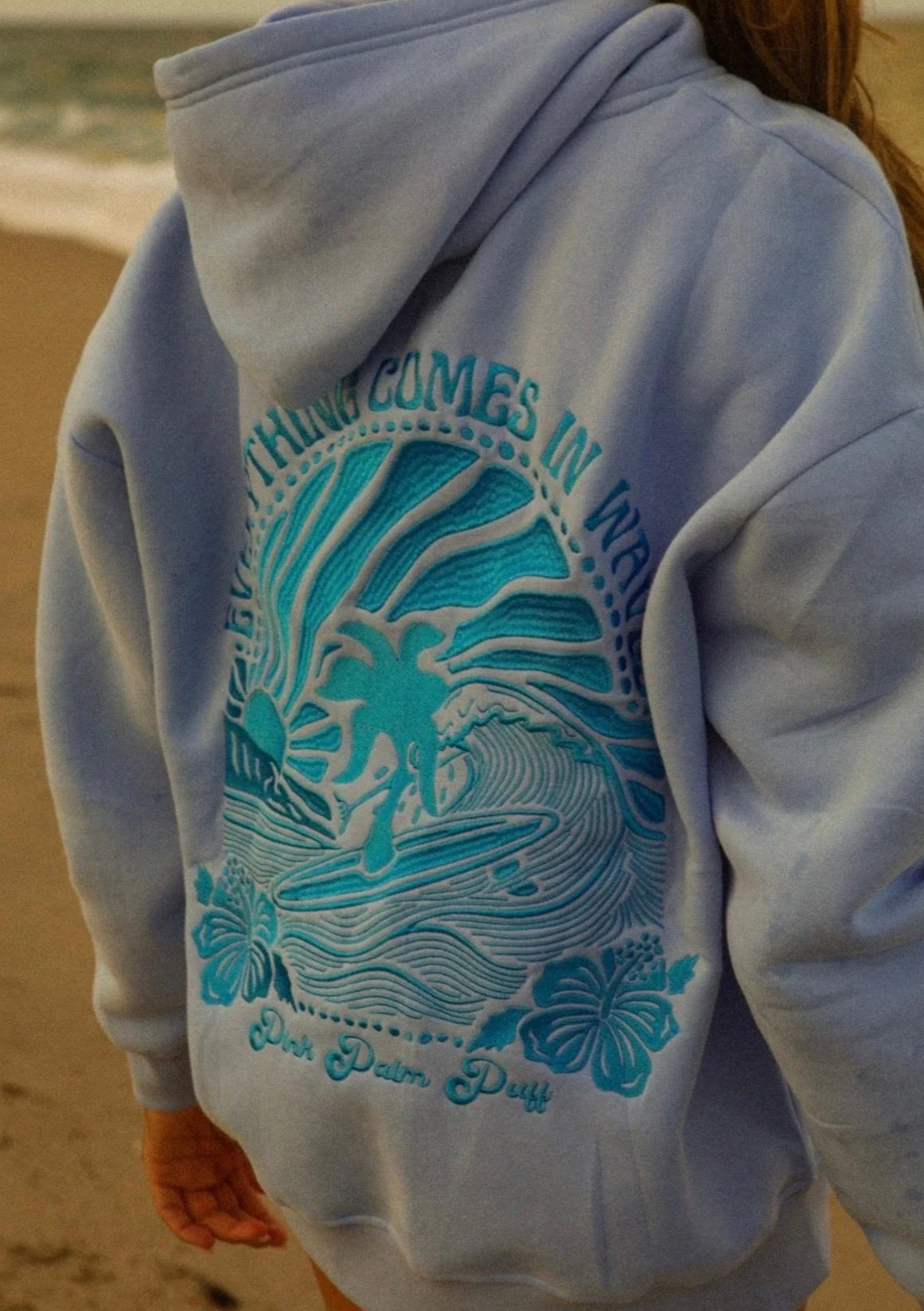 PINK PALM PUFF-"Everything Comes in Waves” Hoodie in Blue