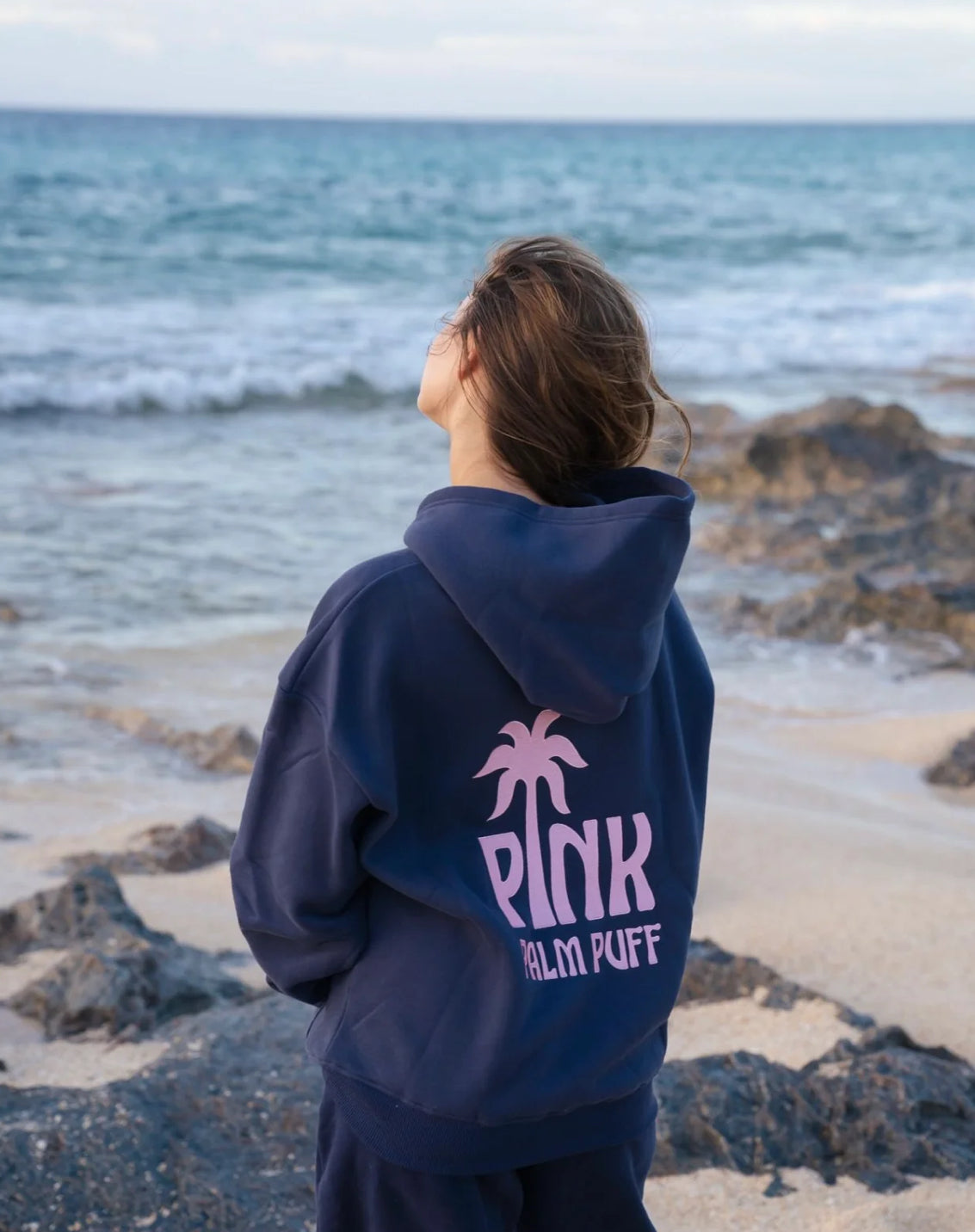 PINK PALM PUFF-Classic Puff Hoodie in Navy