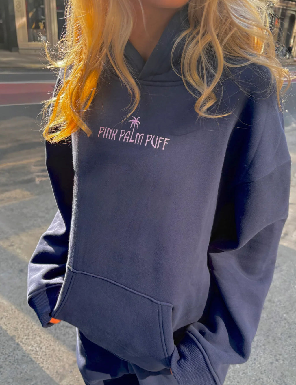 PINK PALM PUFF-Classic Puff Hoodie in Navy