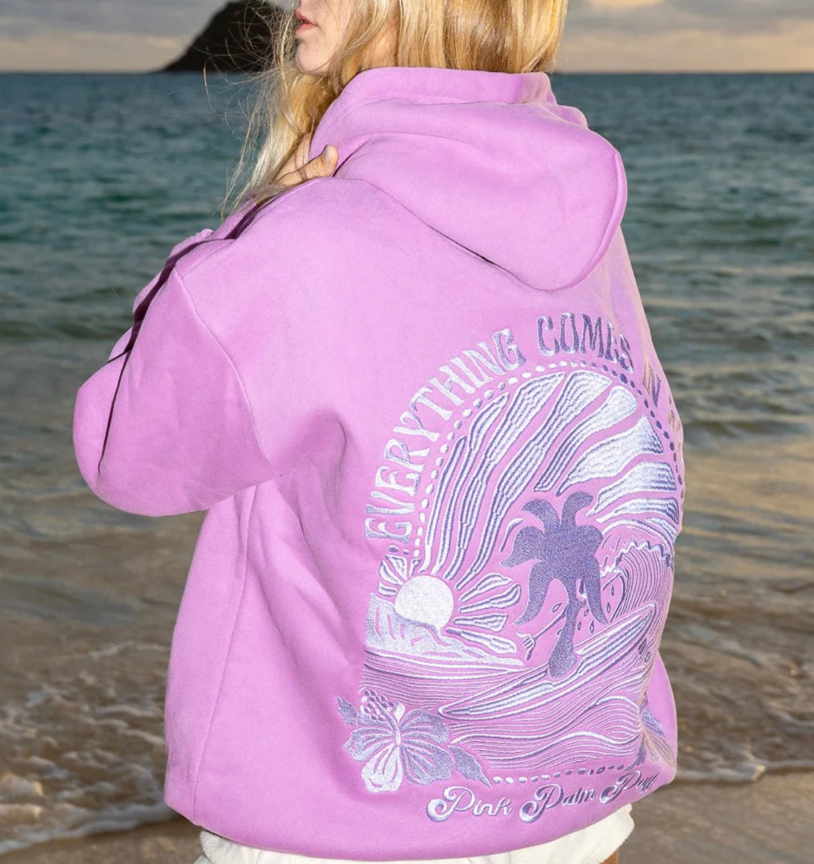 PINK PALM PUFF-"Everything Comes in Waves” Hoodie in Açai