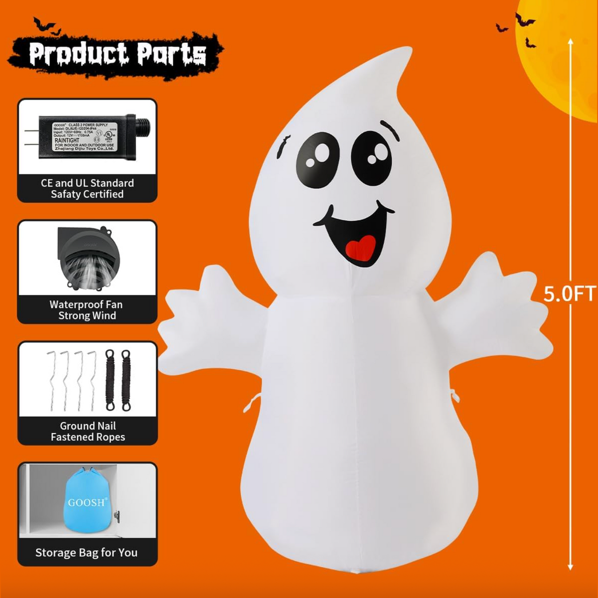GOOSH 5 FT Halloween Inflatable Ghost Outdoor Decoration with Magic Light