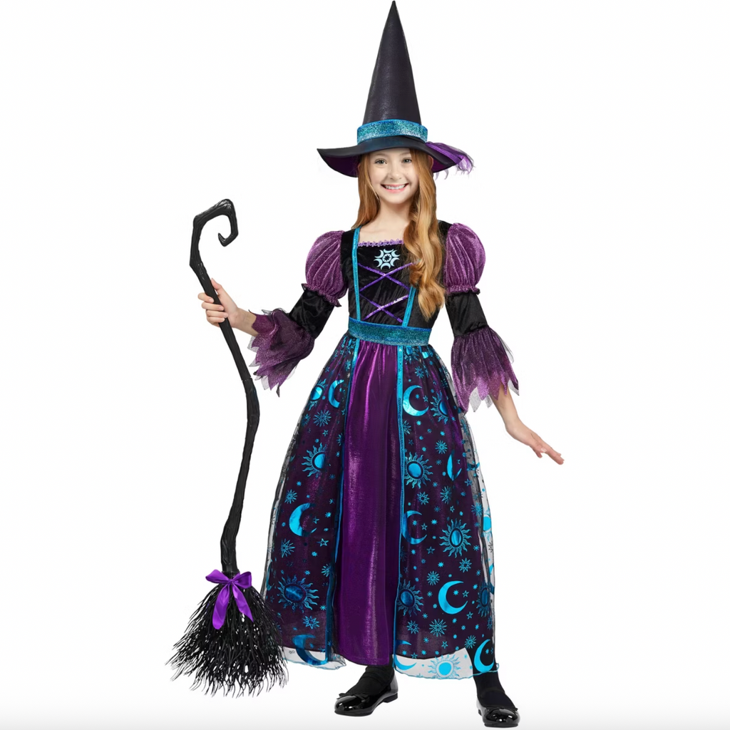 Joyfy Halloween Costume Witch Dress with Broom and Hat