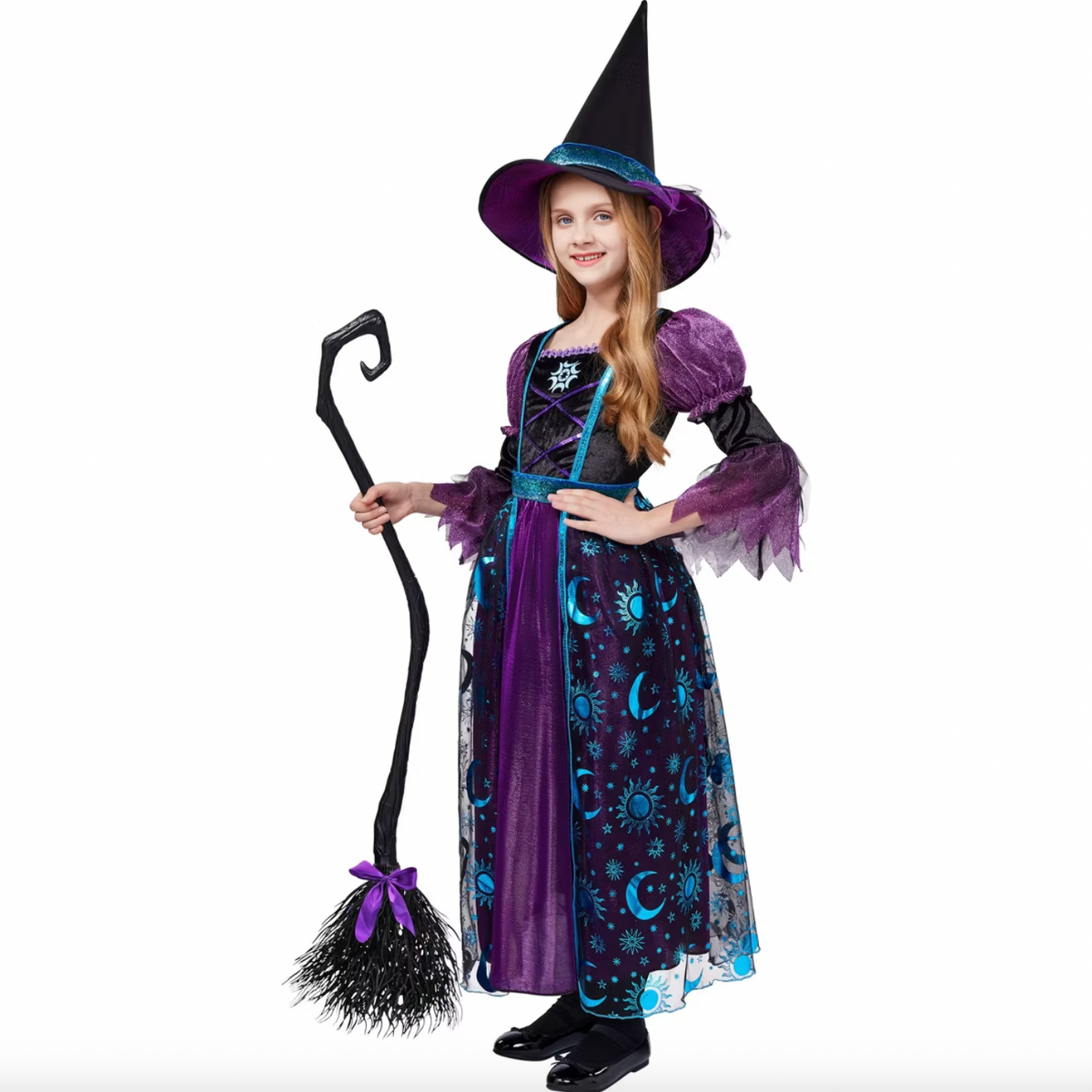Joyfy Halloween Costume Witch Dress with Broom and Hat