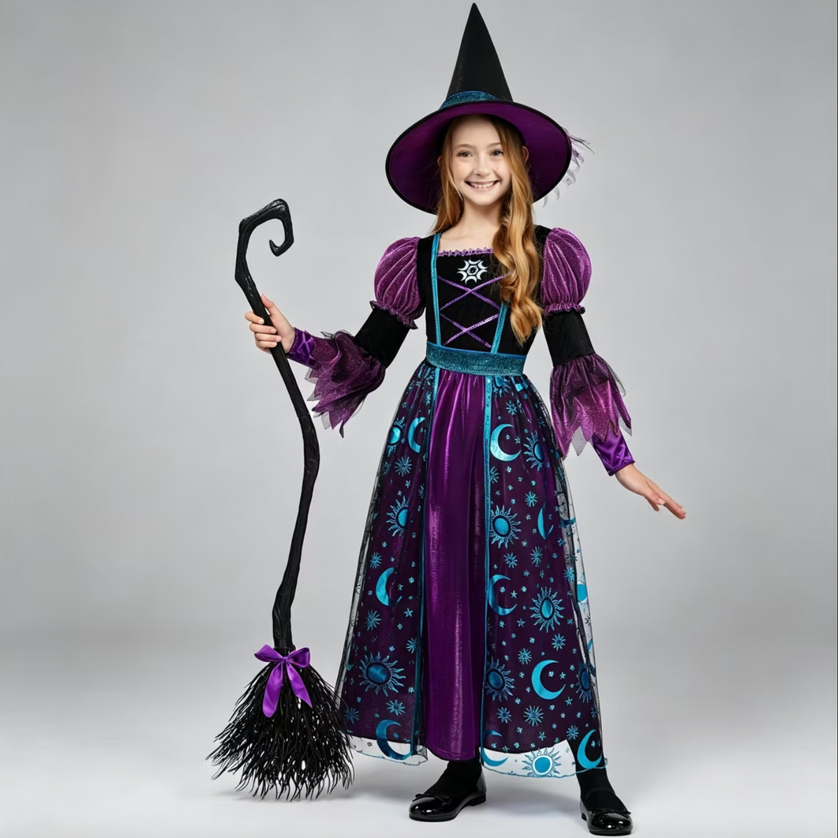 Joyfy Halloween Costume Witch Dress with Broom and Hat