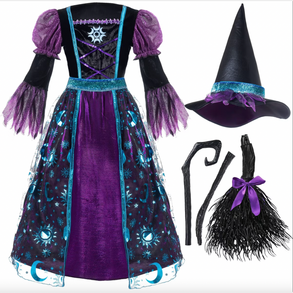 Joyfy Halloween Costume Witch Dress with Broom and Hat