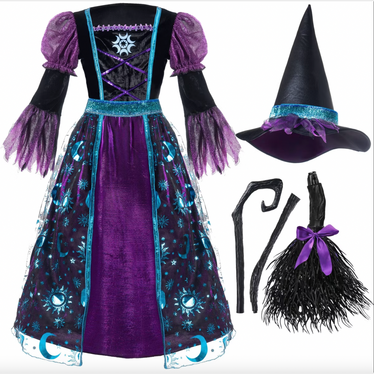 Joyfy Halloween Costume Witch Dress with Broom and Hat