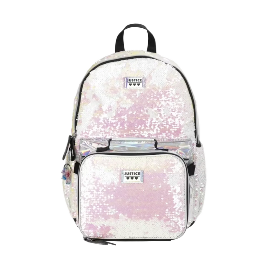 Justice Girls 17" Sequin Backpack & Lunch Tote Set - White