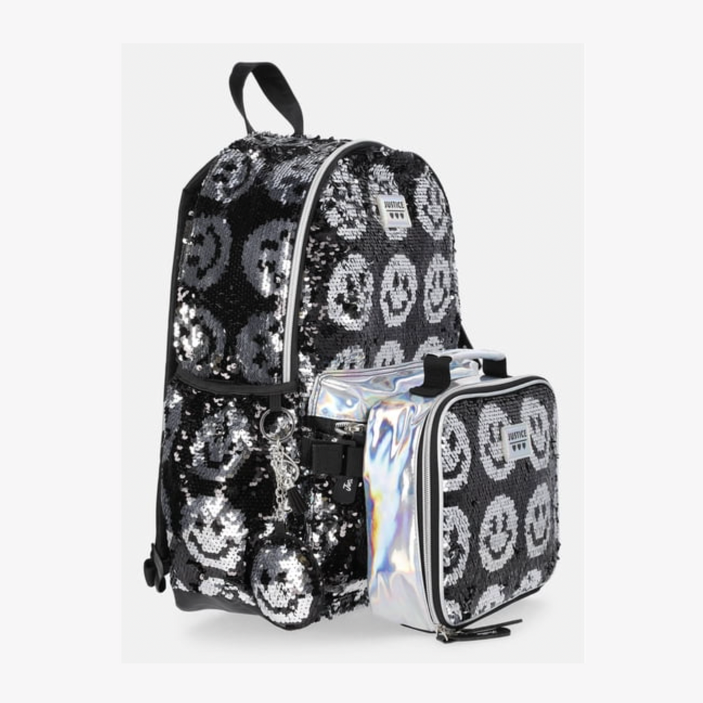 Justice Girls 17" Smiley Sequin Backpack & Lunch Tote Set - Black