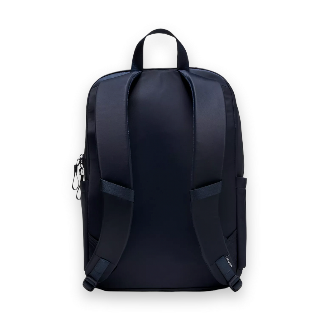 A dark navy blue backpack shown from the back, featuring padded shoulder straps, a top carry handle, side zippered pockets, and a clean studio background.