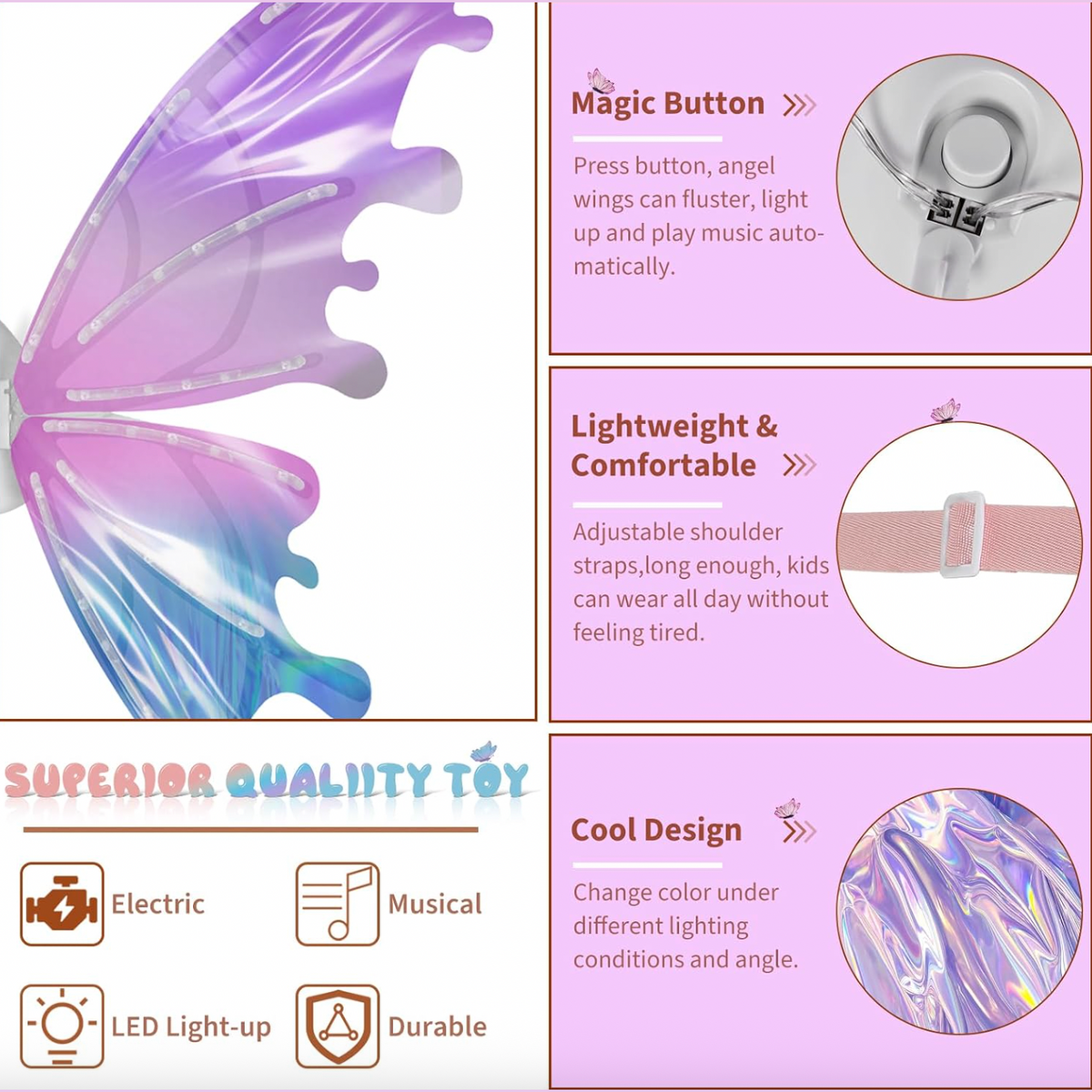 Maysida Electric Fairy Wings for Girls Light Up Moving Butterfly Wings
