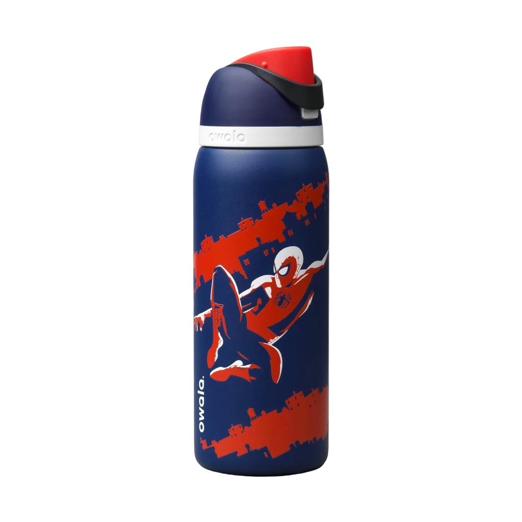 A Owala insulated water bottle with a Spider-Man graphic, featuring a navy blue body with red and white comic-style artwork, a red flip-top lid, and a white brand band.