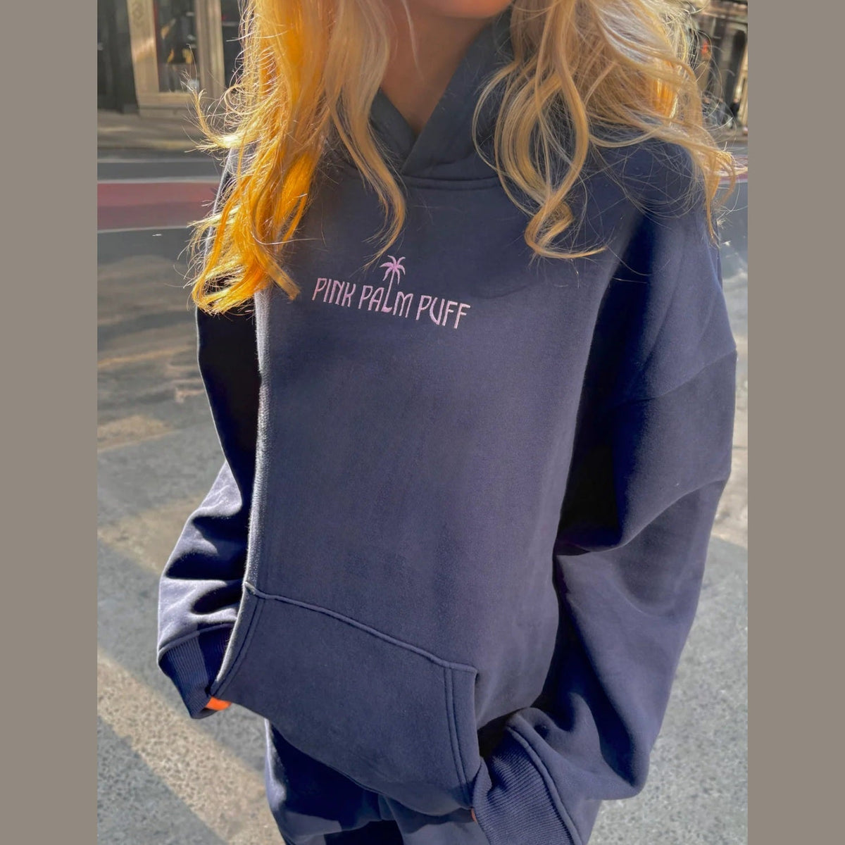 PINK PALM PUFF-Classic Puff Hoodie in Navy 
