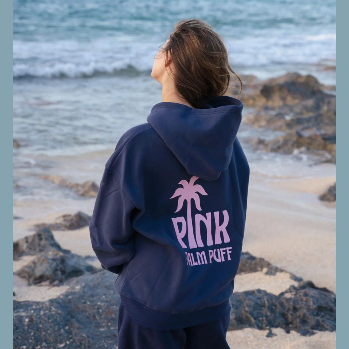 PINK PALM PUFF-Classic Puff Hoodie in Navy 