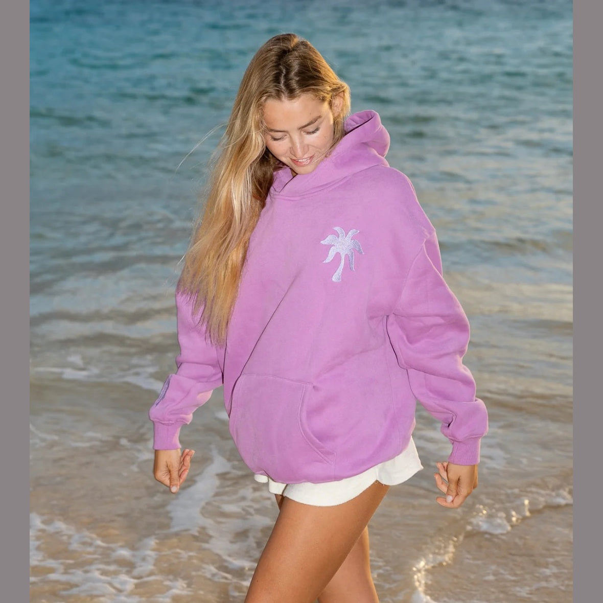 PINK PALM PUFF-"Everything Comes in Waves” Hoodie in Açai 