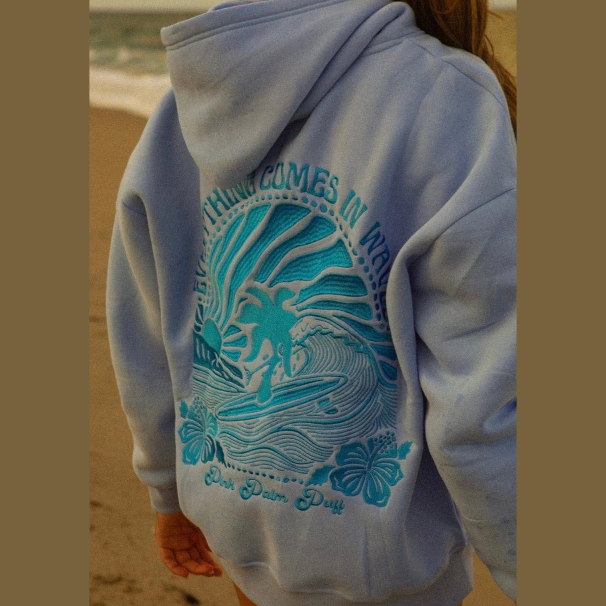 PINK PALM PUFF-"Everything Comes in Waves” Hoodie in Blue 