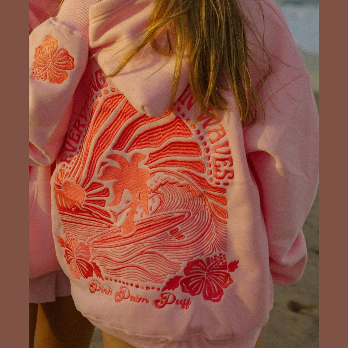 PINK PALM PUFF-"Everything Comes in Waves" Hoodie in Pink 