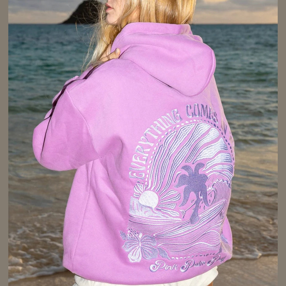 PINK PALM PUFF-"Everything Comes in Waves” Hoodie in Açai 