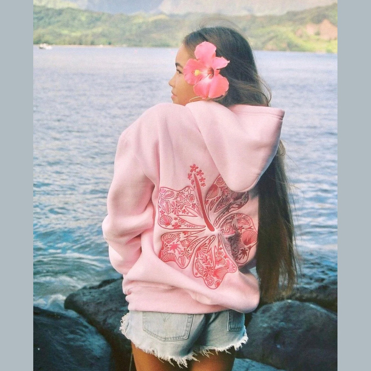PINK PALM PUFF-"Hawaii Hibiscus" Hoodie in Blush 