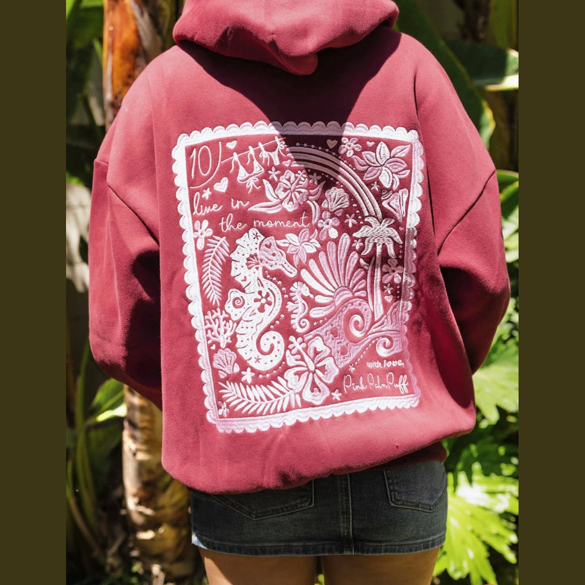 PINK PALM PUFF-"Live in the Moment" Hoodie in Cherry 