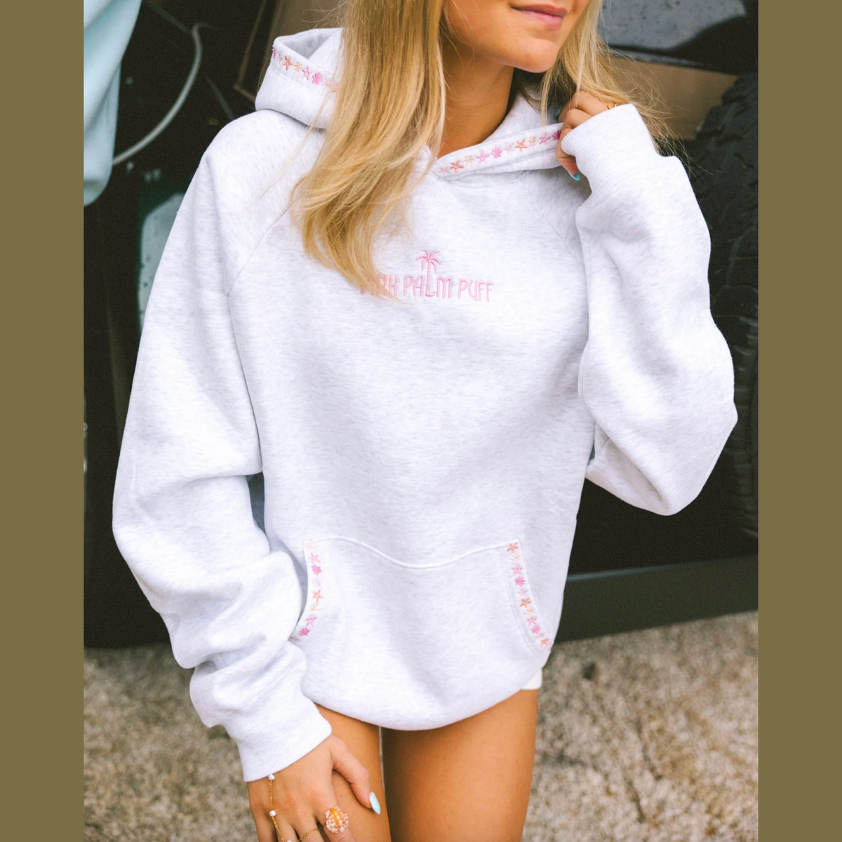 Pink Palm Puff “Chase the Sun” Relaxed Hoodie in Heather Cloud