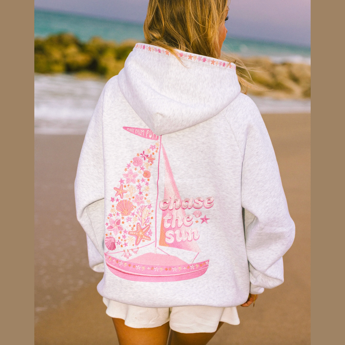 Pink Palm Puff “Chase the Sun” Relaxed Hoodie in Heather Cloud