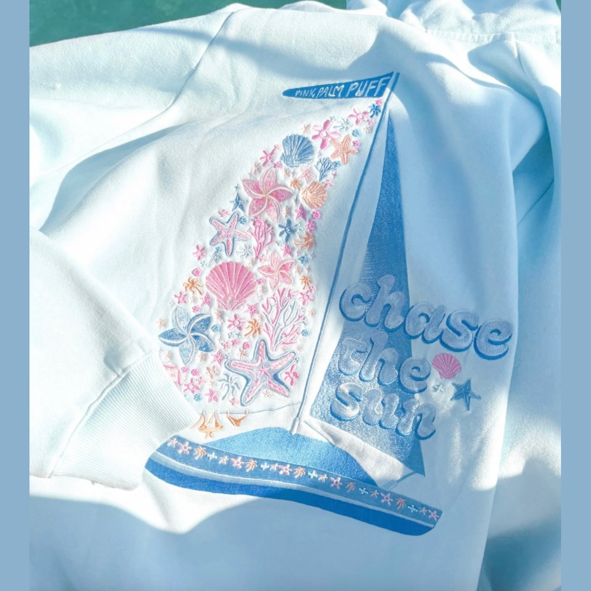 Pink Palm Puff “Chase the Sun” Relaxed Hoodie in Sky Blue