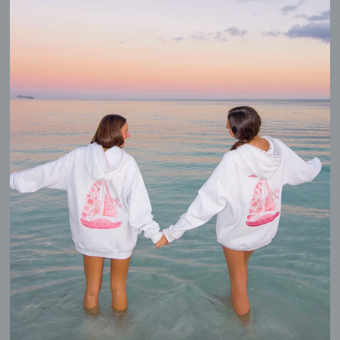Pink Palm Puff “Chase the Sun” Relaxed Hoodie in Heather Cloud