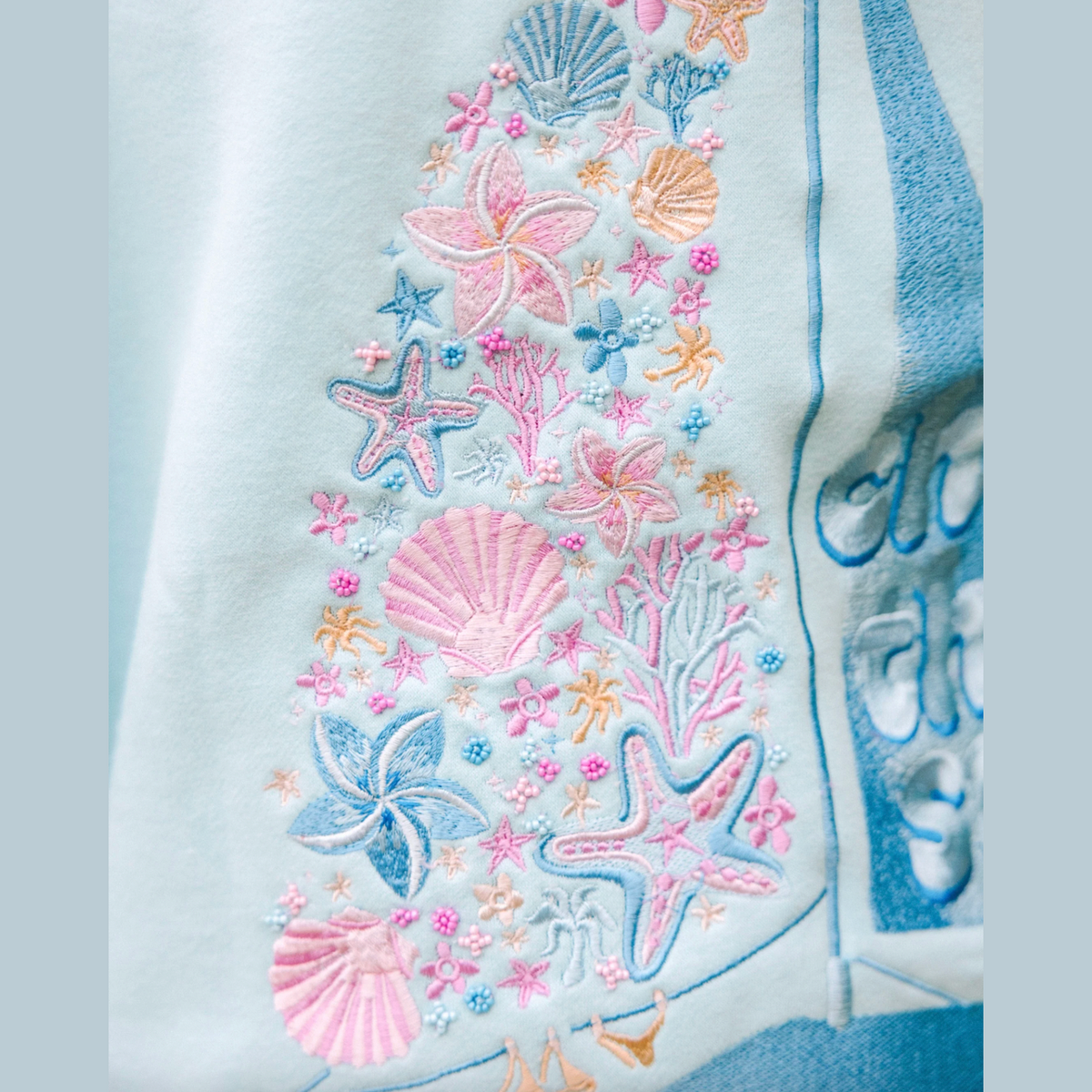 Pink Palm Puff “Chase the Sun” Relaxed Hoodie in Sky Blue
