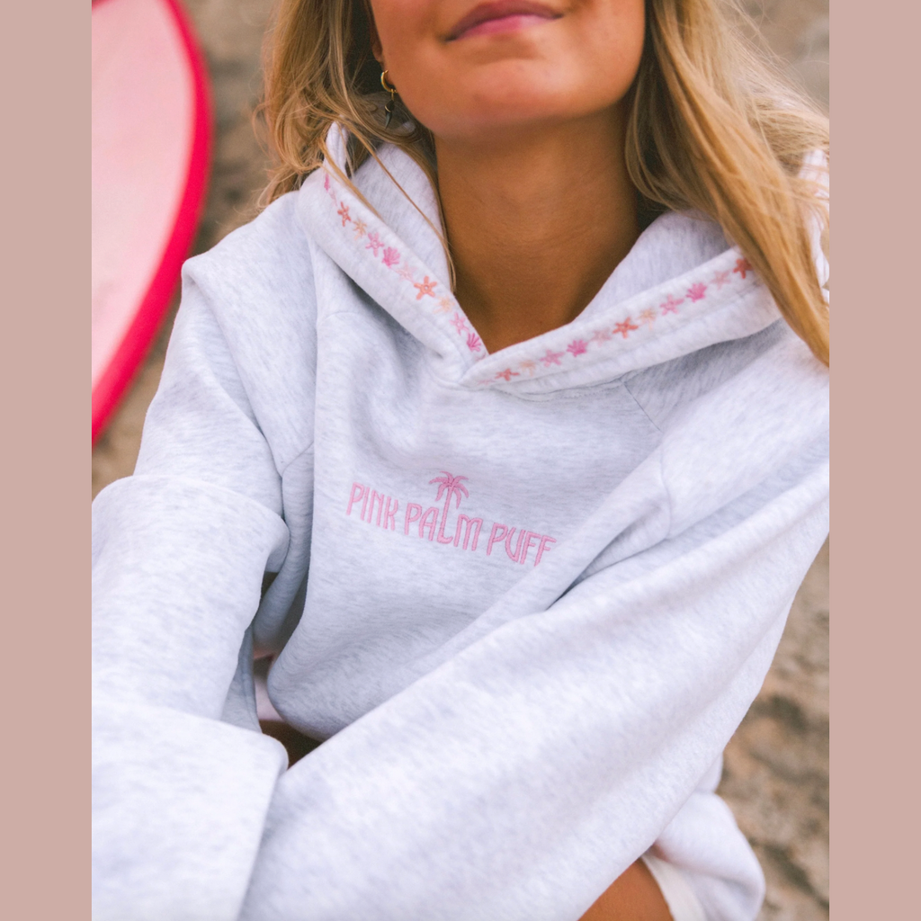 Pink Palm Puff “Chase the Sun” Relaxed Hoodie in Heather Cloud