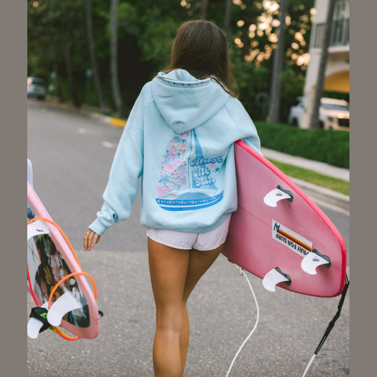 Pink Palm Puff “Chase the Sun” Relaxed Hoodie in Sky Blue