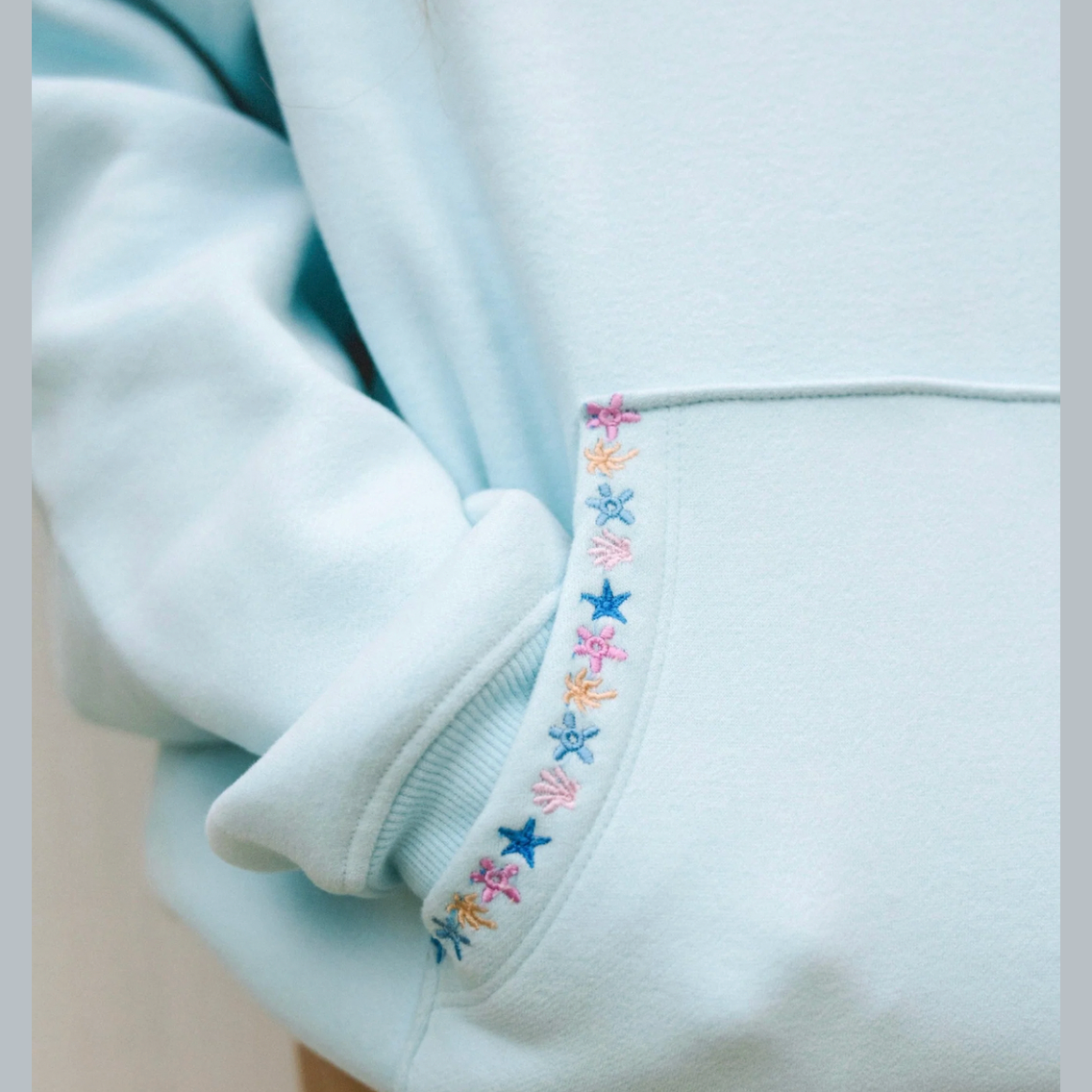Pink Palm Puff “Chase the Sun” Relaxed Hoodie in Sky Blue