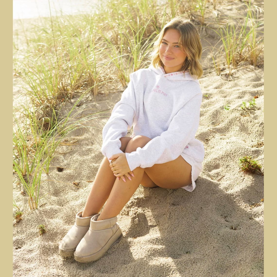 Pink Palm Puff “Chase the Sun” Relaxed Hoodie in Heather Cloud