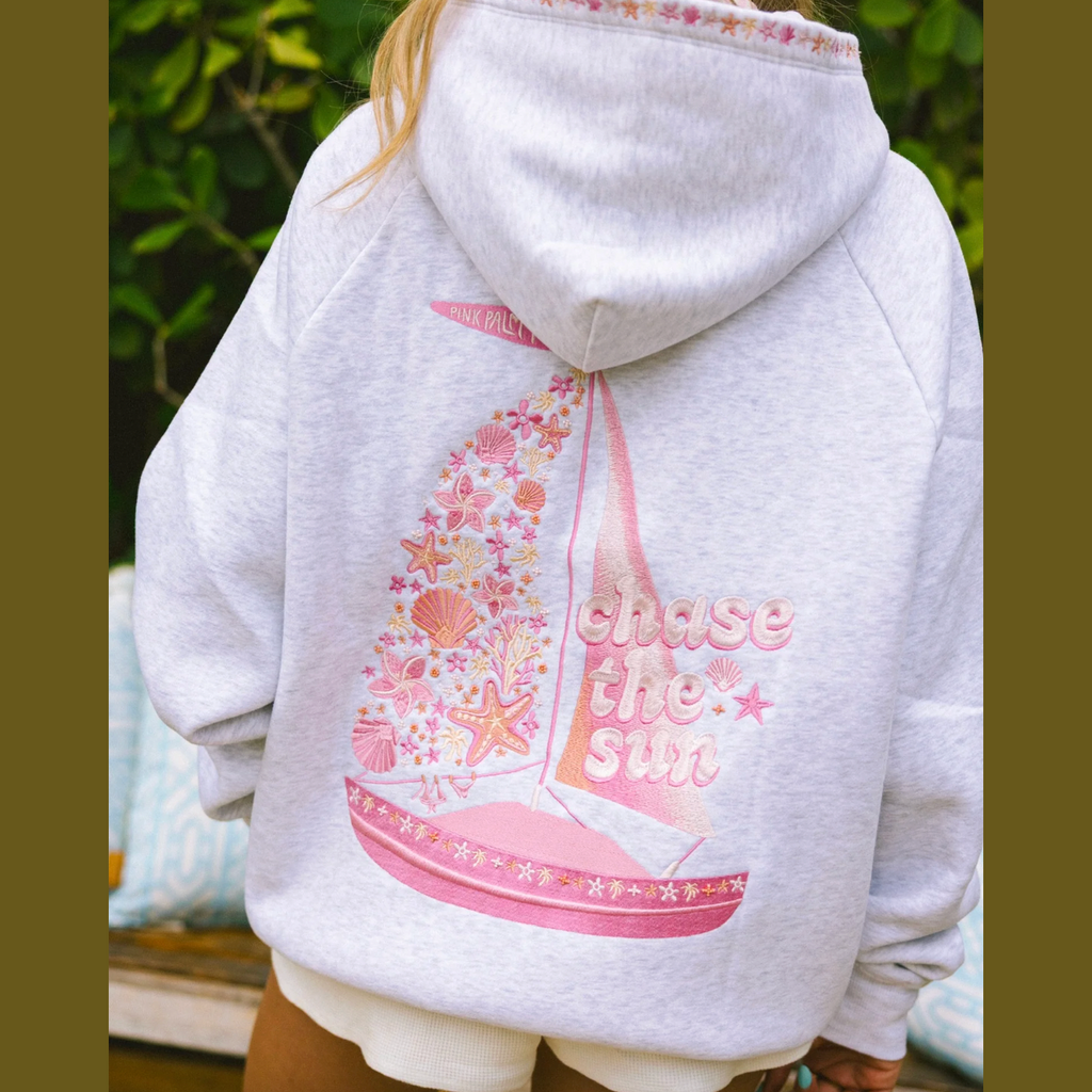 Pink Palm Puff “Chase the Sun” Relaxed Hoodie in Heather Cloud