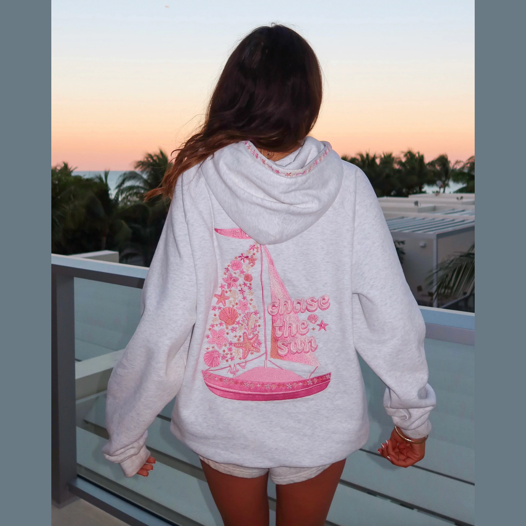 Pink Palm Puff “Chase the Sun” Relaxed Hoodie in Heather Cloud