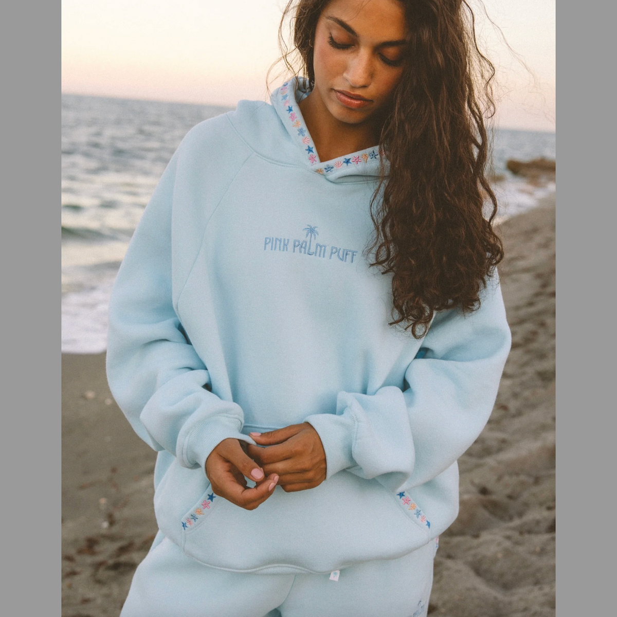 Pink Palm Puff “Chase the Sun” Relaxed Hoodie in Sky Blue