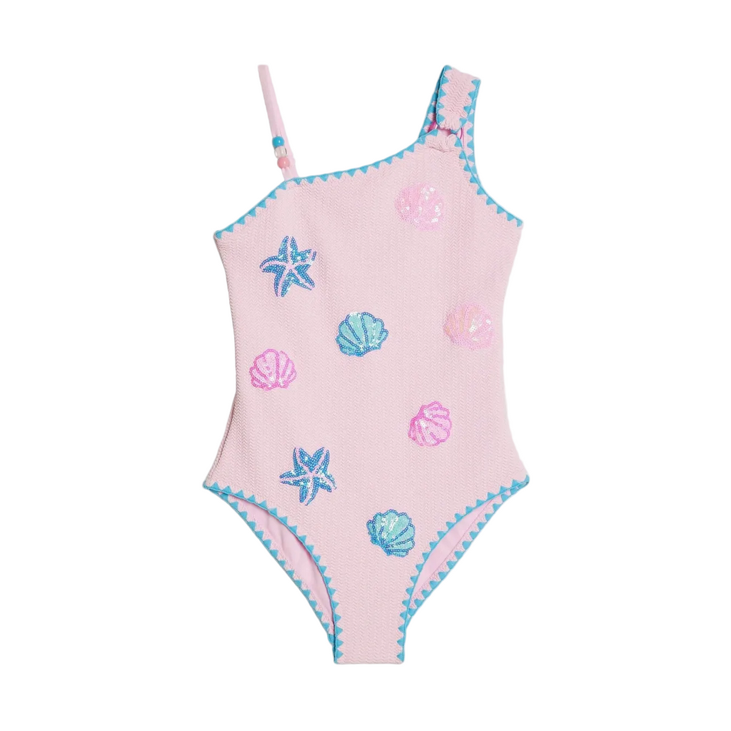 River Island Pink Sequin Shell Aysmmetric Swimsuit 