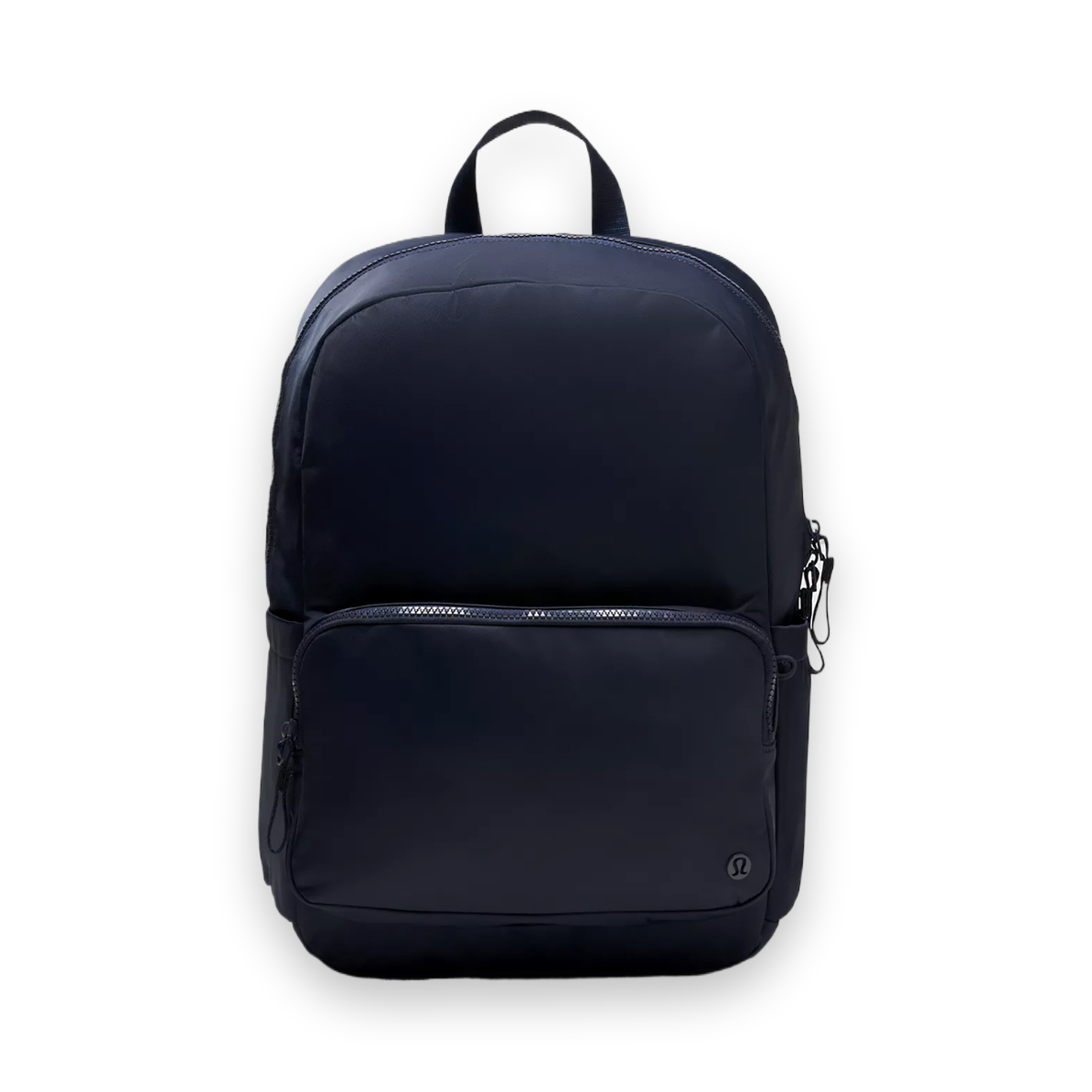 A dark navy blue nylon backpack with a top carry handle, a front zippered pocket, and side pockets, shown against a light gray studio background.
