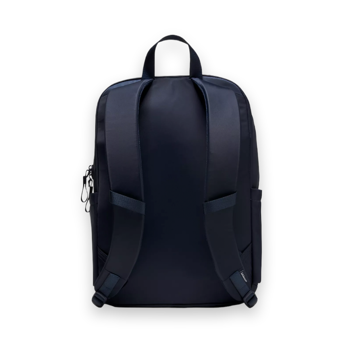 A dark navy blue backpack shown from the back, featuring padded shoulder straps, a top carry handle, side zippered pockets, and a clean studio background.