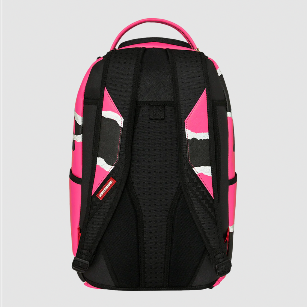 A backpack shown from the back, featuring a black perforated mesh back panel with bright pink and black geometric side panels and a pink top handle, set against a light gray background.